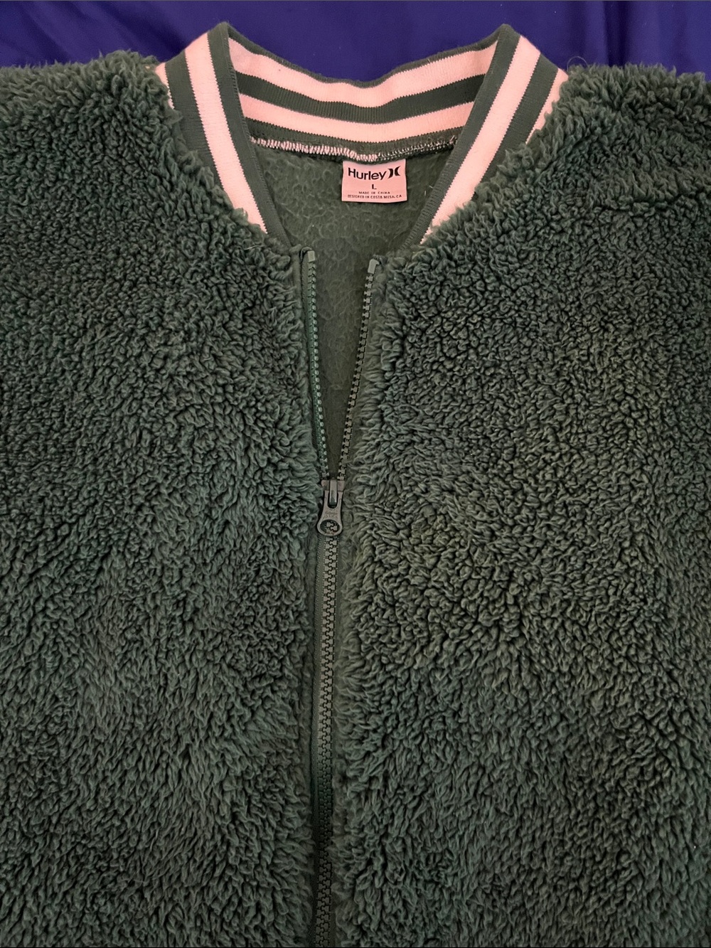Hurley Green Sherpa Zip Bomber with White Trim Collar
